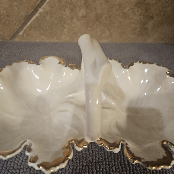 USA Pottery Cream and Gold Edged Two Bowl Ceramic Candy Dish - Picture 5 of 9